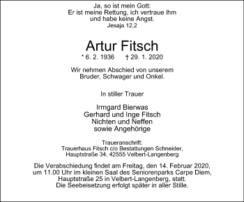 Traueranzeige von Artur Fitsch von WVW Anzeigenblätter