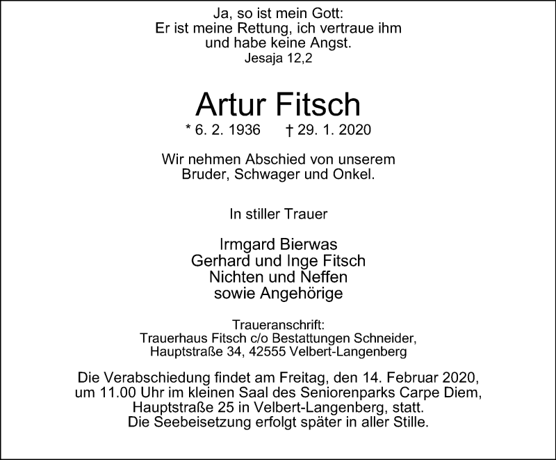  Traueranzeige für Artur Fitsch vom 12.02.2020 aus WVW Anzeigenblätter