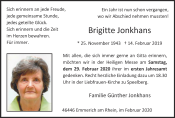 Traueranzeige von Brigitte Jonkhans von WVW Anzeigenblätter