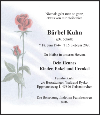 Traueranzeige von Bärbel Kuhn von WVW Anzeigenblätter
