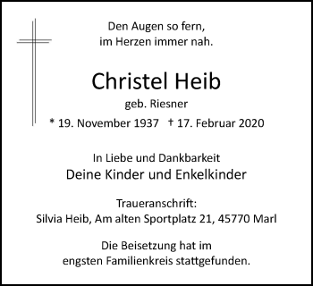 Traueranzeige von Christel Heib von WVW Anzeigenblätter