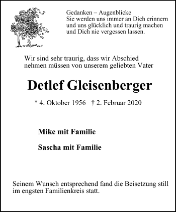 Traueranzeige von Detlef Gleisenberger von WVW Anzeigenblätter