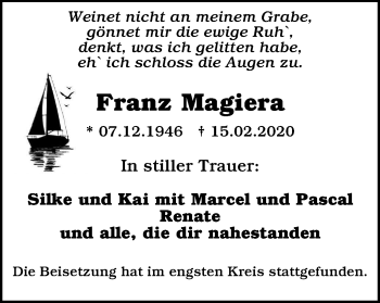 Traueranzeige von Franz Magiera von WVW Anzeigenblätter