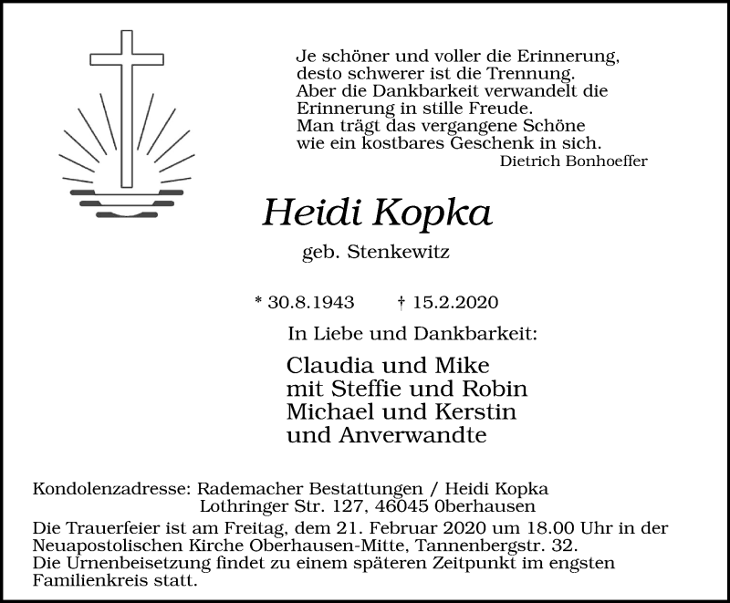  Traueranzeige für Heidi Kopka vom 19.02.2020 aus WVW Anzeigenblätter