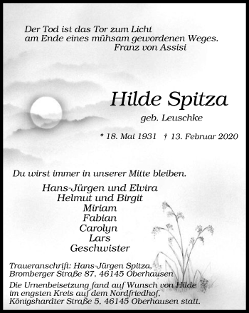 Traueranzeige von Hilde Spitza von WVW Anzeigenblätter