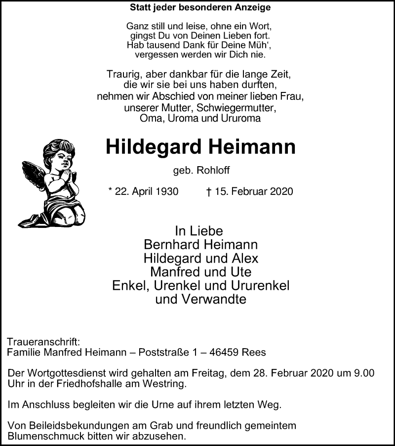  Traueranzeige für Hildegard Heimann vom 22.02.2020 aus WVW Anzeigenblätter
