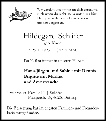 Traueranzeige von Hildegard Schäfer von WVW Anzeigenblätter