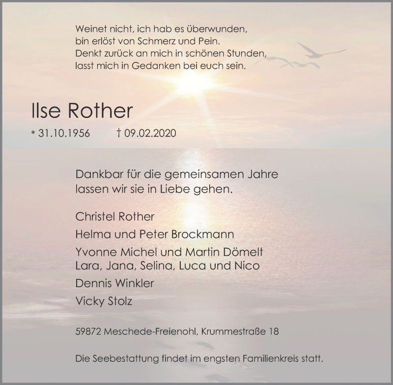  Traueranzeige für Ilse Rother vom 22.02.2020 aus WVW Anzeigenblätter