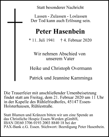 Traueranzeige von Peter Hasenbein von WVW Anzeigenblätter