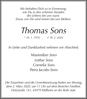 Traueranzeige von Thomas Sons von WVW Anzeigenblätter