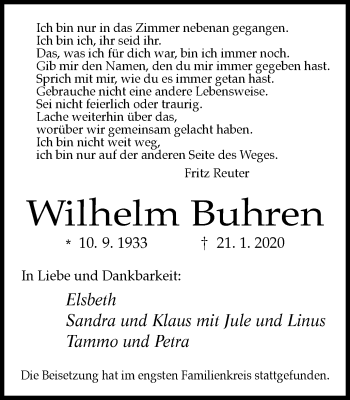 Traueranzeige von Wilhelm Buhren von WVW Anzeigenblätter