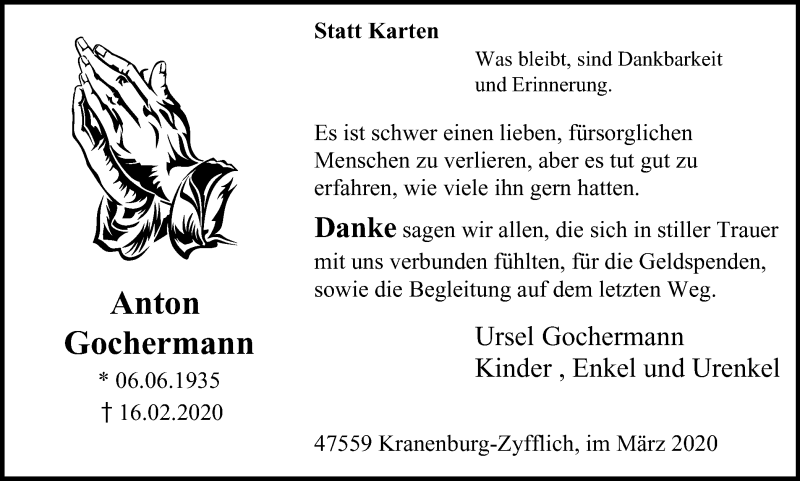  Traueranzeige für Anton Gochermann vom 28.03.2020 aus WVW Anzeigenblätter