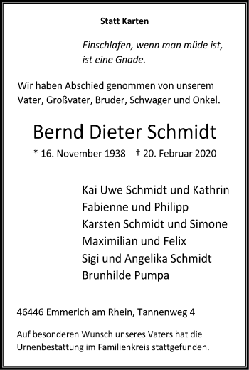 Traueranzeige von Bernd Dieter Schmidt von WVW Anzeigenblätter