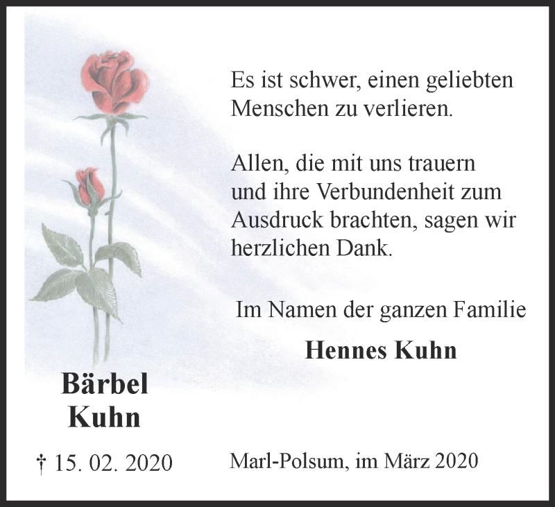  Traueranzeige für Bärbel Kuhn vom 07.03.2020 aus WVW Anzeigenblätter