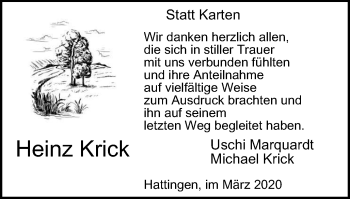 Traueranzeige von Heinz Krick von WVW Anzeigenblätter