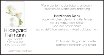 Traueranzeige von Hildegard Heimann von WVW Anzeigenblätter