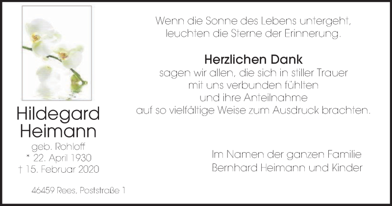  Traueranzeige für Hildegard Heimann vom 28.03.2020 aus WVW Anzeigenblätter
