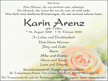Traueranzeige von Karin Arenz von WVW Anzeigenblätter