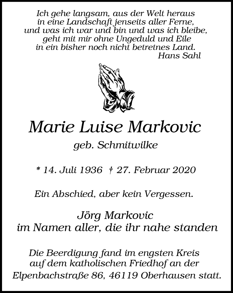  Traueranzeige für Marie Luise Markovic vom 07.03.2020 aus WVW Anzeigenblätter
