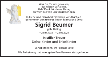 Traueranzeige von Sigrid Beumer von WVW Anzeigenblätter