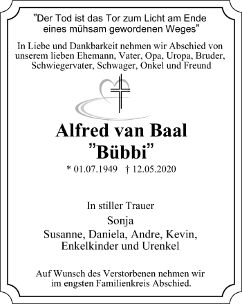 Traueranzeige von Alfred van Baal von WVW Anzeigenblätter