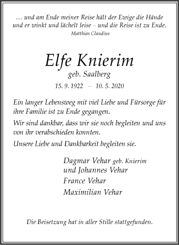 Traueranzeige von Elfe Knierim von WVW Anzeigenblätter