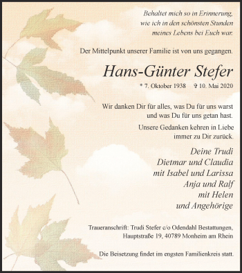 Traueranzeige von Hans-Günter Stefer von WVW Anzeigenblätter