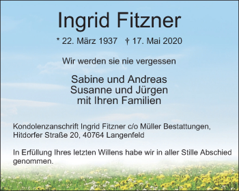 Traueranzeige von Ingrid Fitzner von WVW Anzeigenblätter