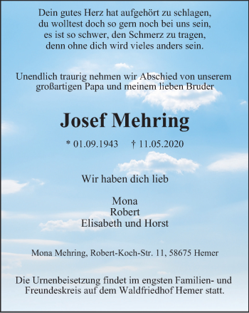 Traueranzeige von Josef Mehring von WVW Anzeigenblätter