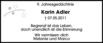 Traueranzeige von Karin Adler von WVW Anzeigenblätter