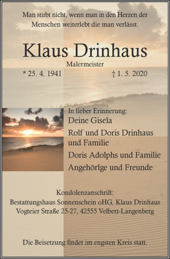 Traueranzeige von Klaus Drinhaus von WVW Anzeigenblätter