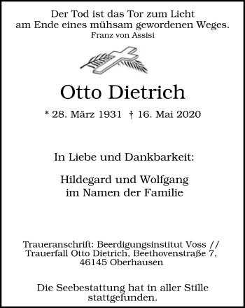 Traueranzeige von Otto Dietrich von WVW Anzeigenblätter