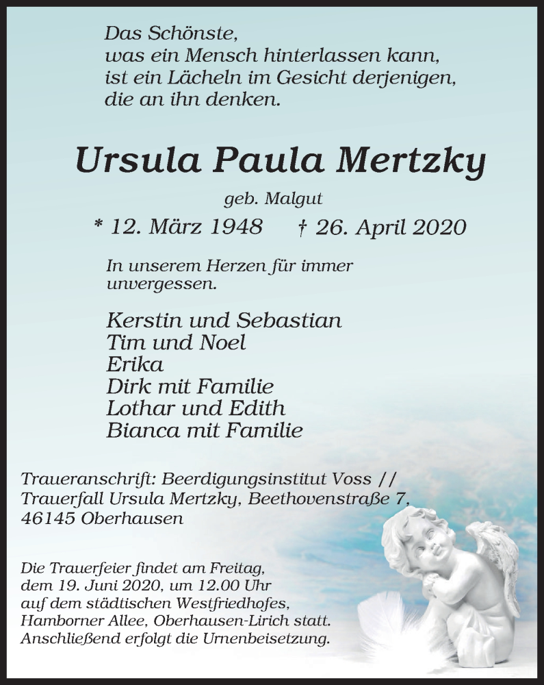  Traueranzeige für Ursula Paula Mertzky vom 13.06.2020 aus WVW Anzeigenblätter