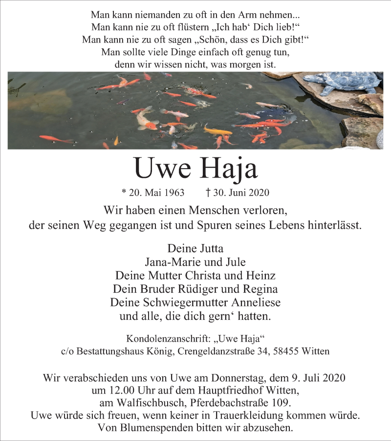  Traueranzeige für Uwe Haja vom 04.07.2020 aus WVW Anzeigenblätter