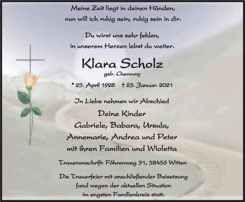  Traueranzeige für Klaha Scholz vom 30.01.2021 aus WVW Anzeigenblätter