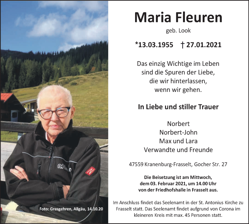  Traueranzeige für Maria Fleuren vom 30.01.2021 aus WVW Anzeigenblätter