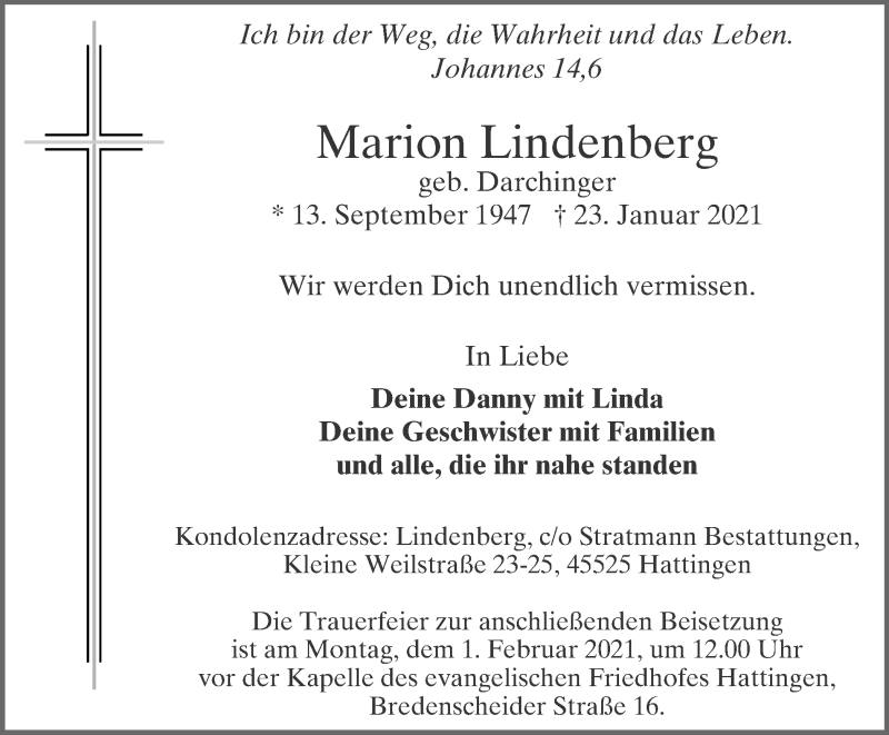  Traueranzeige für Marion Lindenberg vom 30.01.2021 aus WVW Anzeigenblätter
