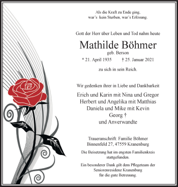 Traueranzeige von Mathilde Böhmer von WVW Anzeigenblätter