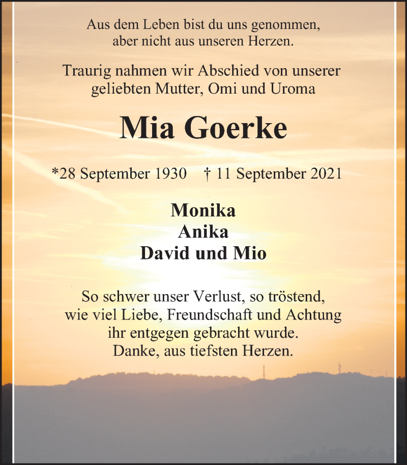  Traueranzeige für Mia Goerke vom 16.10.2021 aus WVW Anzeigenblätter