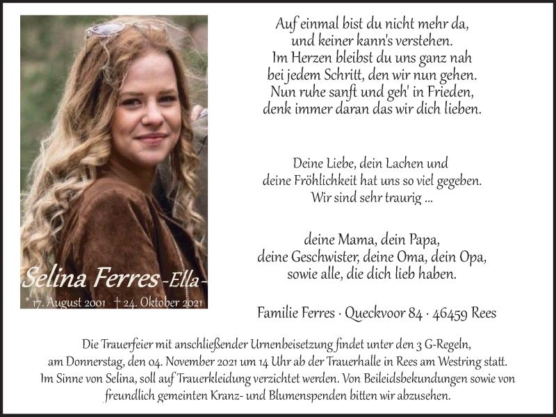  Traueranzeige für Selina (ELLA) Ferres vom 30.10.2021 aus WVW Anzeigenblätter