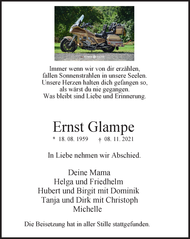  Traueranzeige für Ernst Glampe vom 17.11.2021 aus WVW Anzeigenblätter