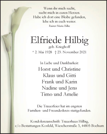 Traueranzeige von Elfriede Hilbig von WVW Anzeigenblätter