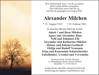 Traueranzeige von Alexander Milchen von WVW Anzeigenblätter