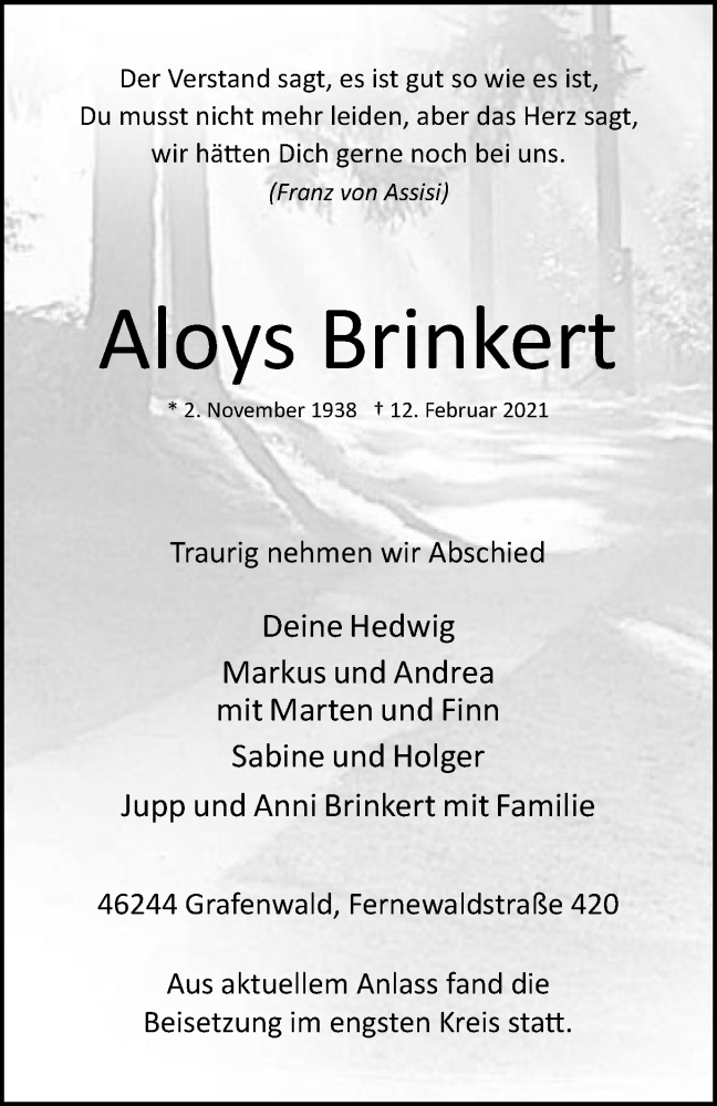  Traueranzeige für Aloys Brinkert vom 20.02.2021 aus WVW Anzeigenblätter