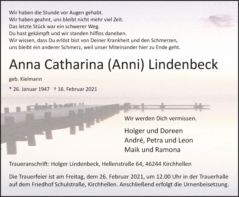  Traueranzeige für Anna Catharina Lindenbeck vom 24.02.2021 aus WVW Anzeigenblätter