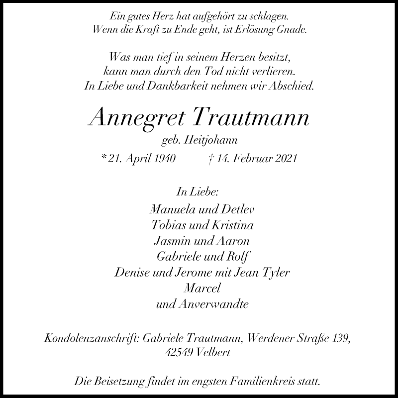  Traueranzeige für Annegret Trautmann vom 20.02.2021 aus WVW Anzeigenblätter