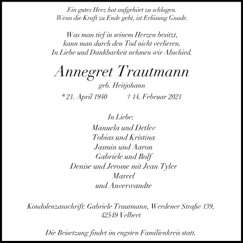 Traueranzeige von Annegret Trautmann von WVW Anzeigenblätter