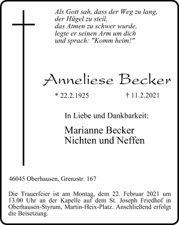 Traueranzeige von Anneliese Becker von WVW Anzeigenblätter