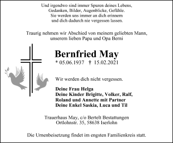 Traueranzeige von Bernfried May von WVW Anzeigenblätter