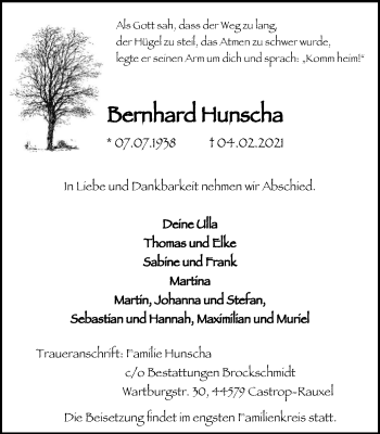 Traueranzeige von Bernhard Hunscha von WVW Anzeigenblätter